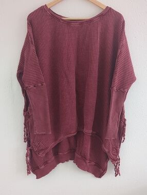 FP One Interlake Tunic Cozy Waffle-Knit Tie Sweater - Burgundy Free People